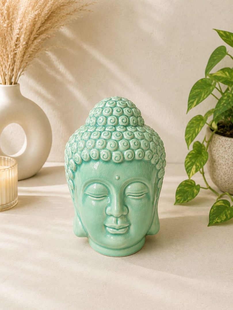 Glossy Pistachio Green Ceramic Buddha Head Decorative Showpiece