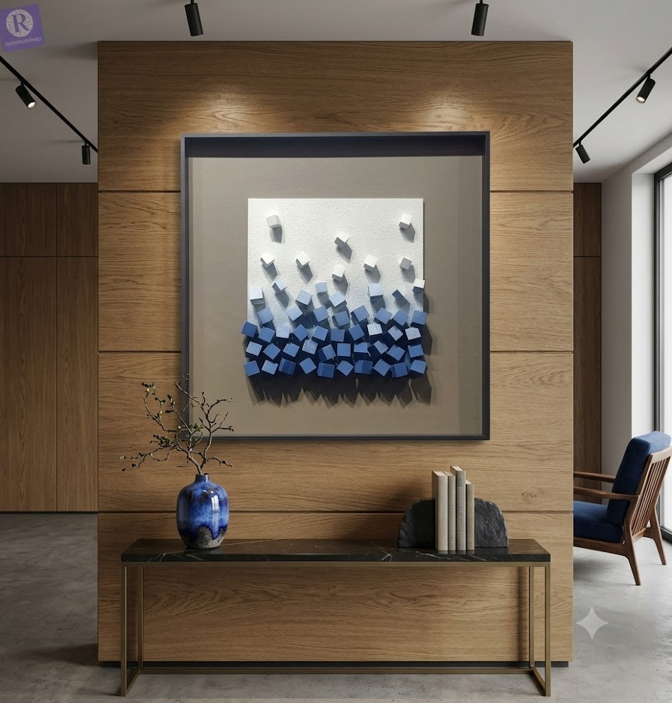 Modern 3D Abstract Wall Art – Blue & White Geometric Decorative Wall Décor