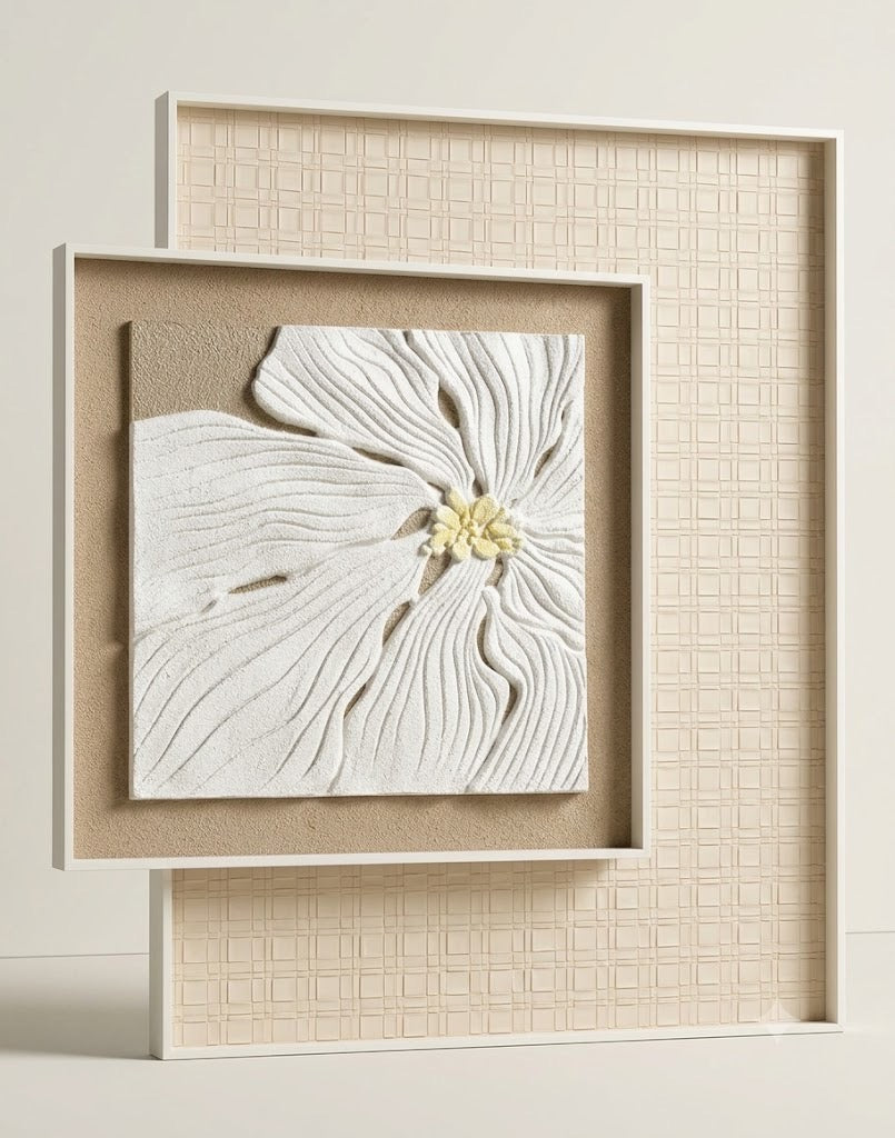 Modern 3D Floral Wall Art – White Textured Flower with Beige Layered Frame