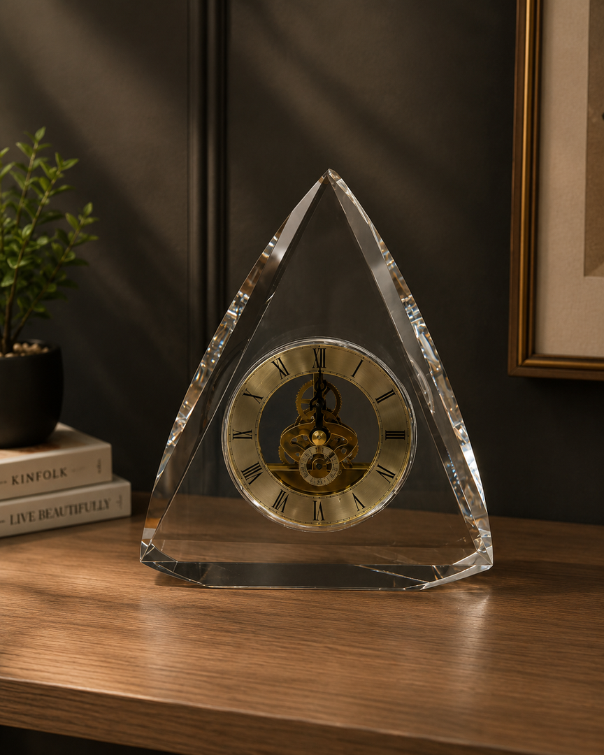 Luxury Crystal Triangle Table Clock – Modern Decorative Timepiece
