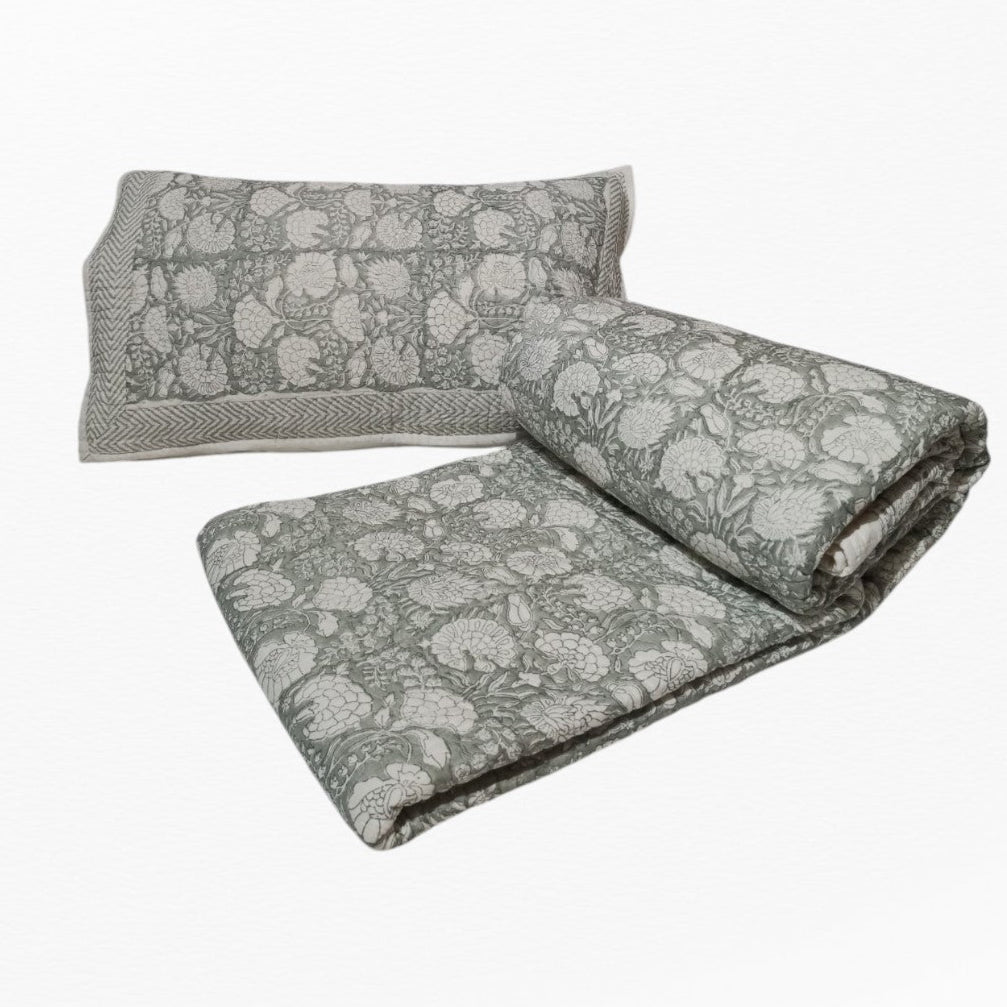 RA Grey & Off White Floral BedCover