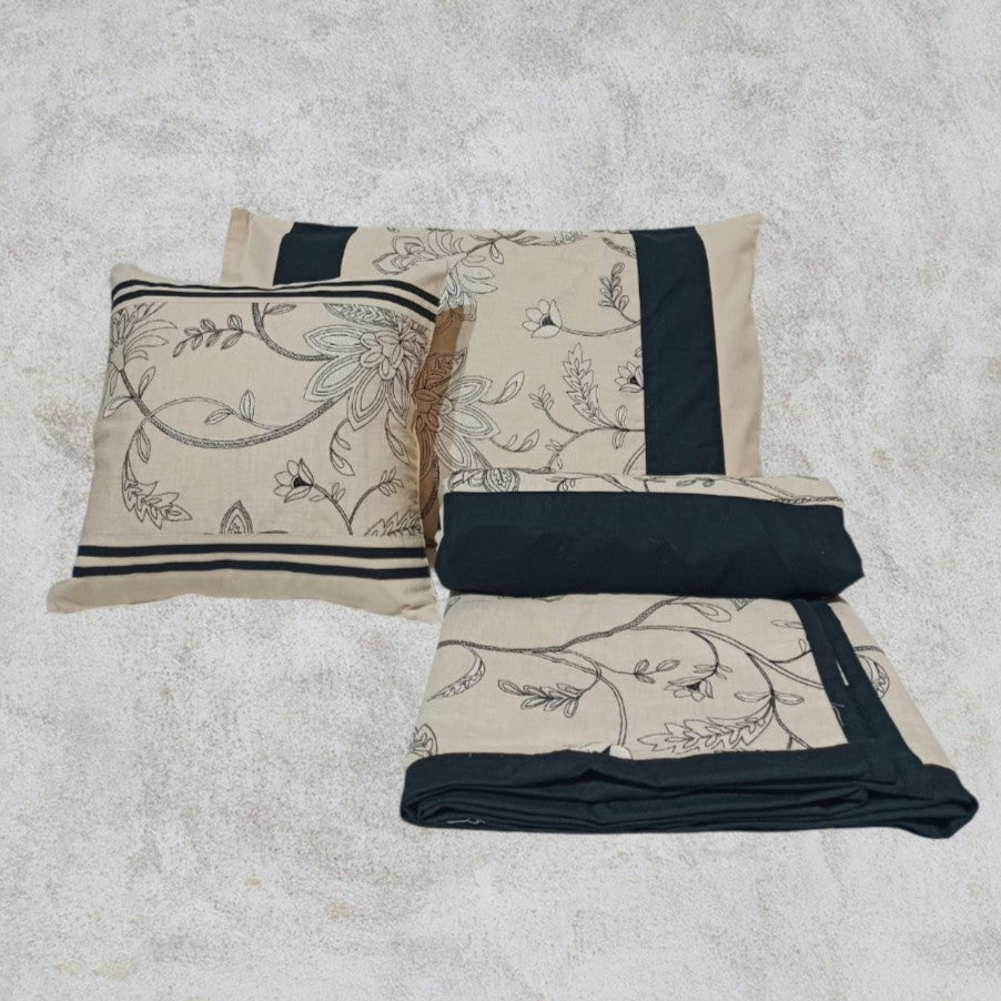 RA Black & Cream Embroidered Bedcover