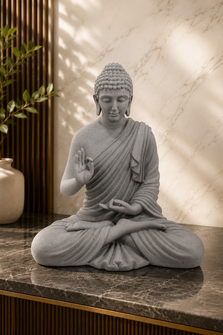 Meditating Buddha Decorative Showpiece | Grey Stone Finish Resin Statue
