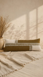 Load image into Gallery viewer, Olive Handwoven Lumbar Cushion Cover | Embroidered Cotton Cushion Cover | Modern Rustic Accent Pillow