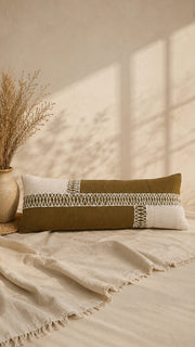 Olive Handwoven Lumbar Cushion Cover | Embroidered Cotton Cushion Cover | Modern Rustic Accent Pillow