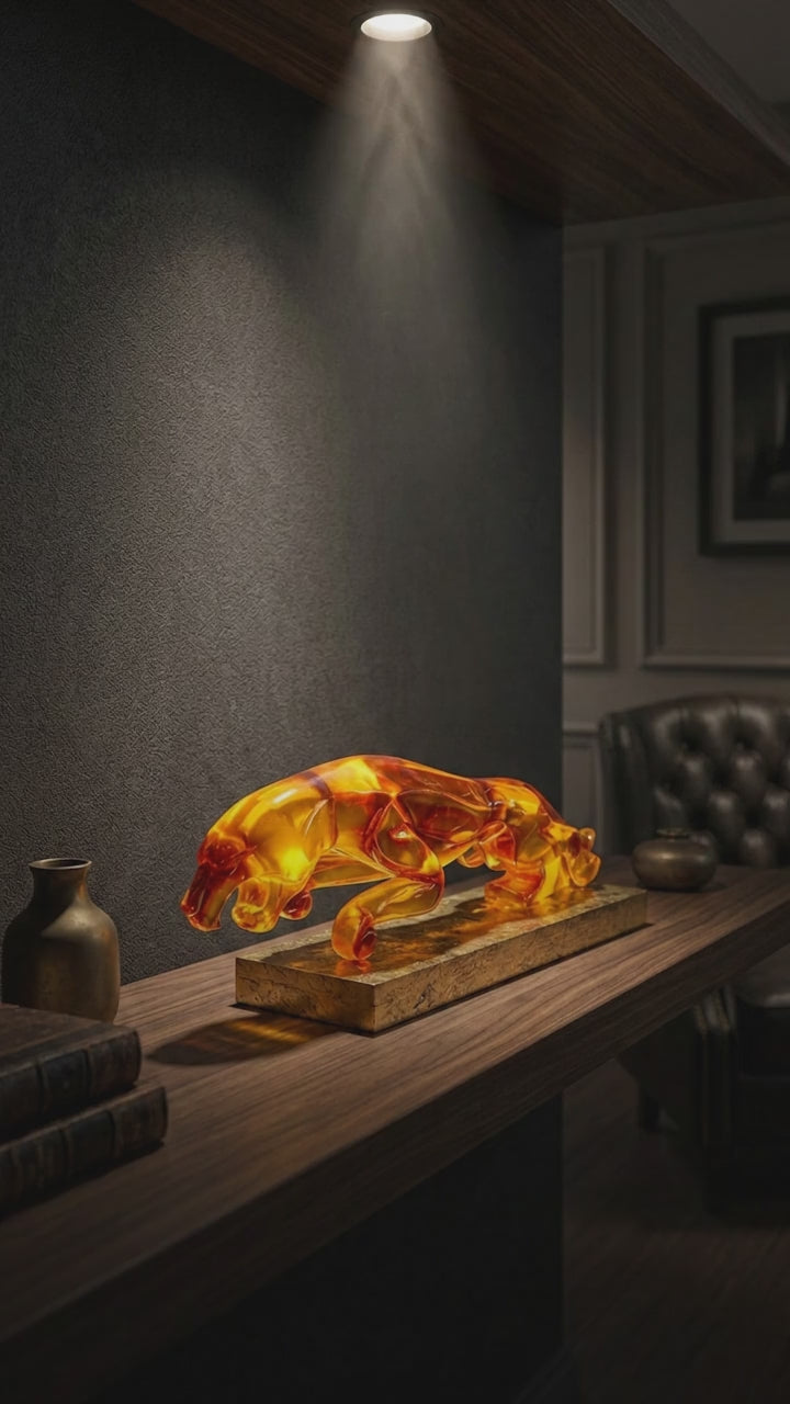 Amber Crystal Panther Sculpture – Luxury Glass Décor Accent