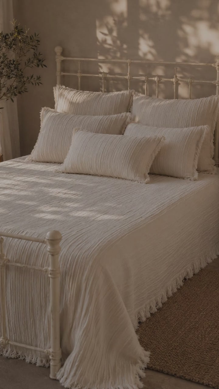 Ivory Elegance Crinkle Cotton Bedcover Set with Tassel Fringe