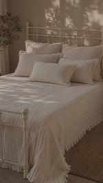 Load and play video in Gallery viewer, Ivory Elegance Crinkle Cotton Bedcover Set with Tassel Fringe
