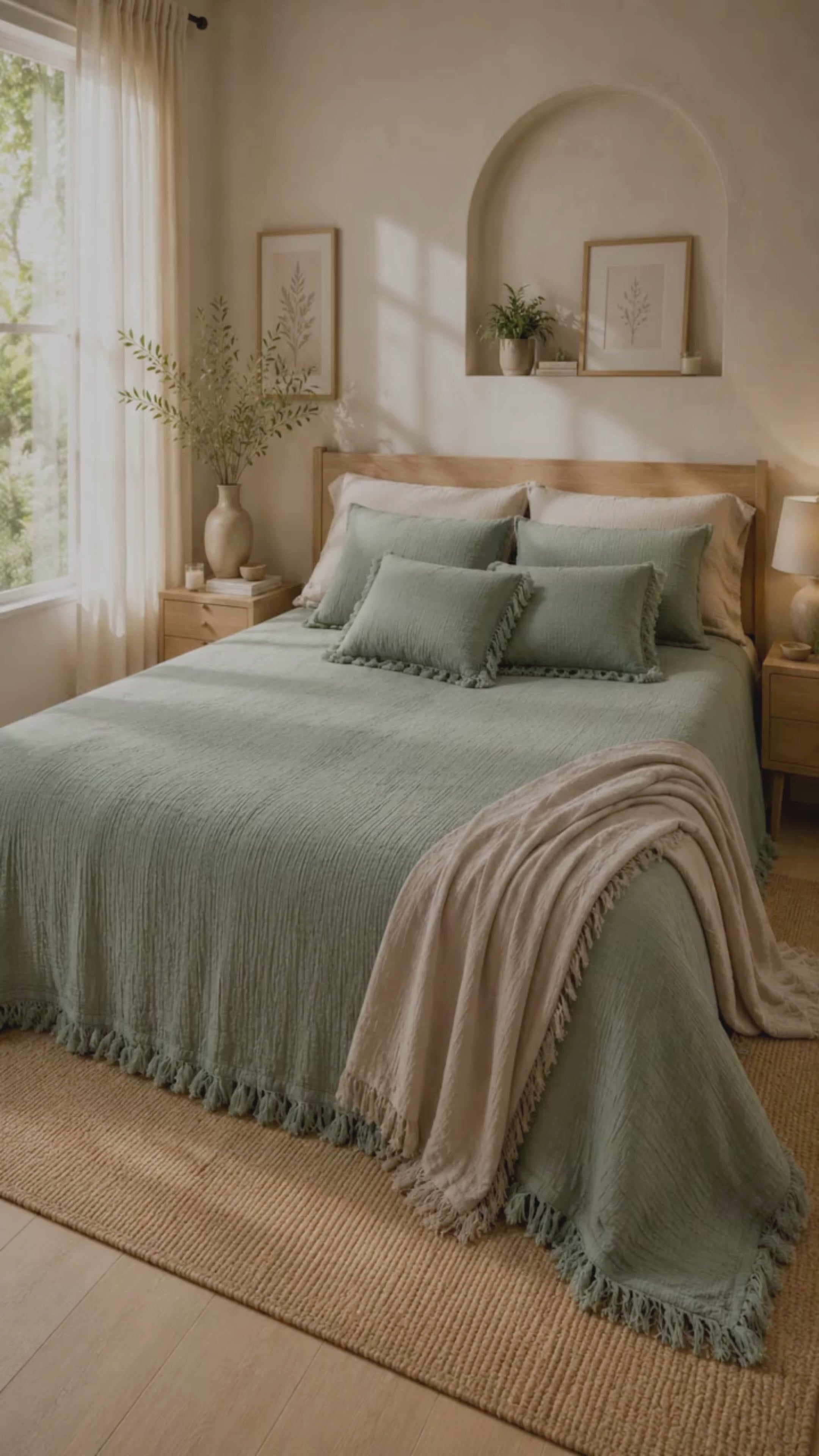 Sage Serenity Crinkle Cotton Bedcover Set with Tassels