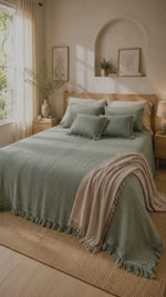 Load and play video in Gallery viewer, Sage Serenity Crinkle Cotton Bedcover Set with Tassels