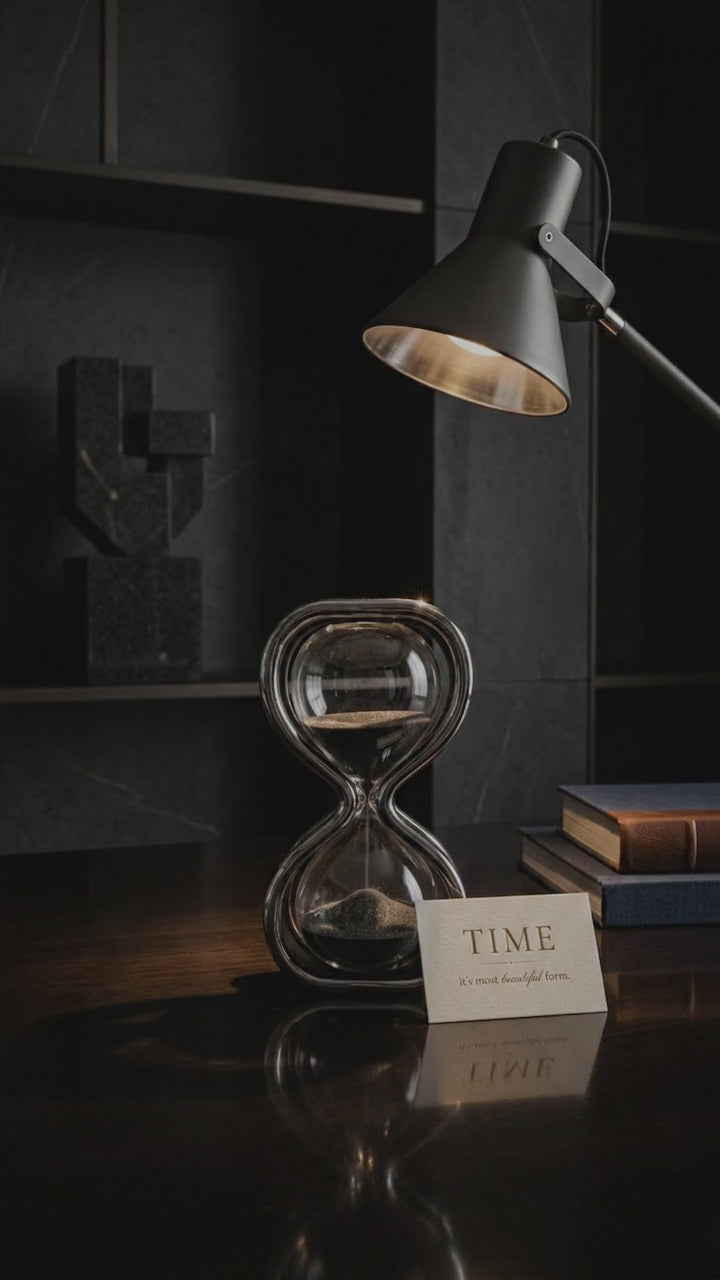 Modern Chrome Glass Hourglass with Black Sand | Luxury Decorative Sand Timer